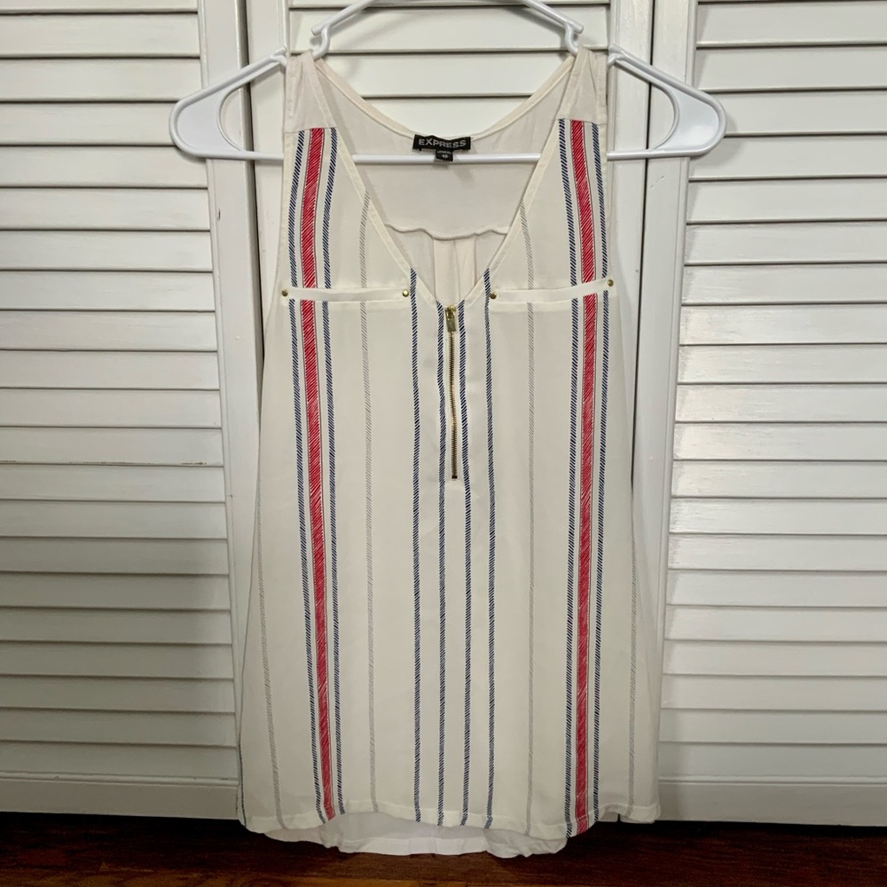 Express tank top blouse in cream with red and blue pinstripes and gold zipper